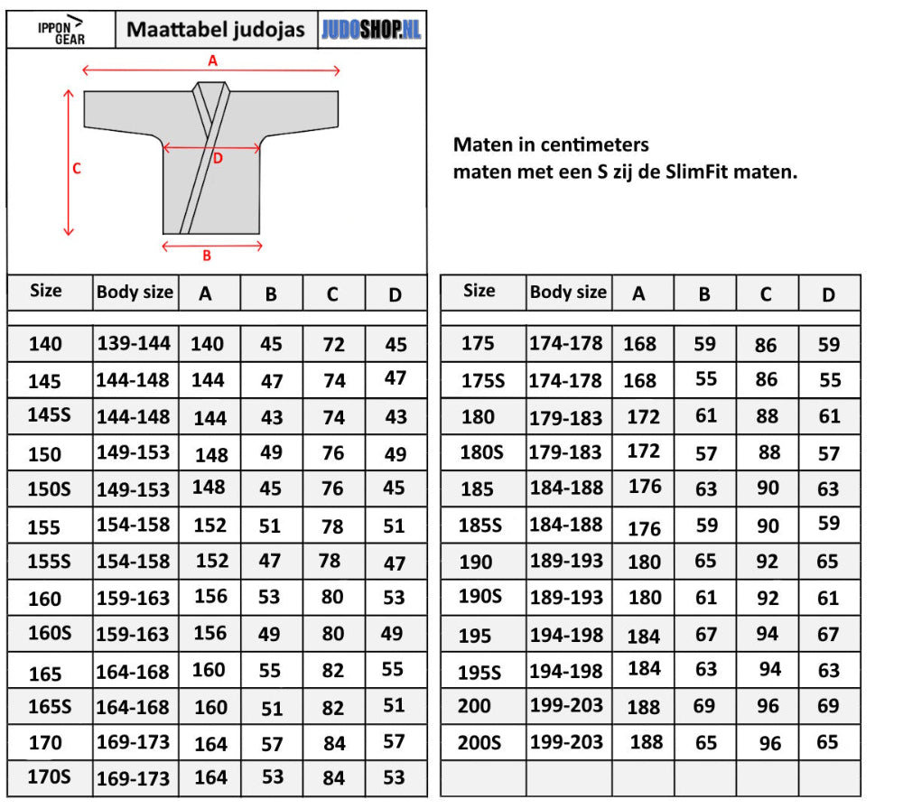 Ippon Gear IJF Legend 2 maattabel